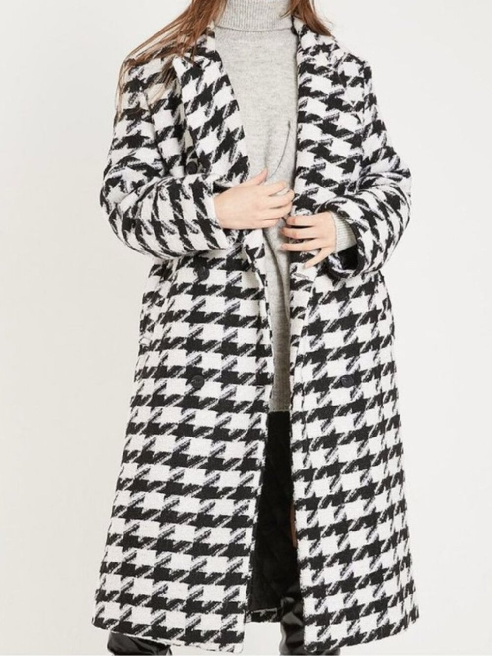 Jenny Houndstooth Long Maxi Coat Black White Oversized